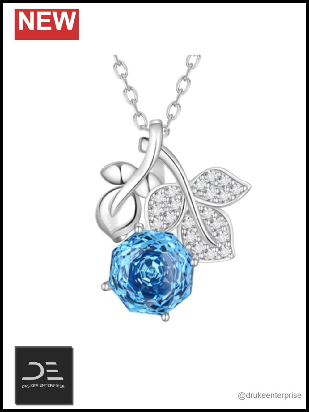 Aurora Tears Silver Rose Necklace with Blue CZ Gemstone for Her